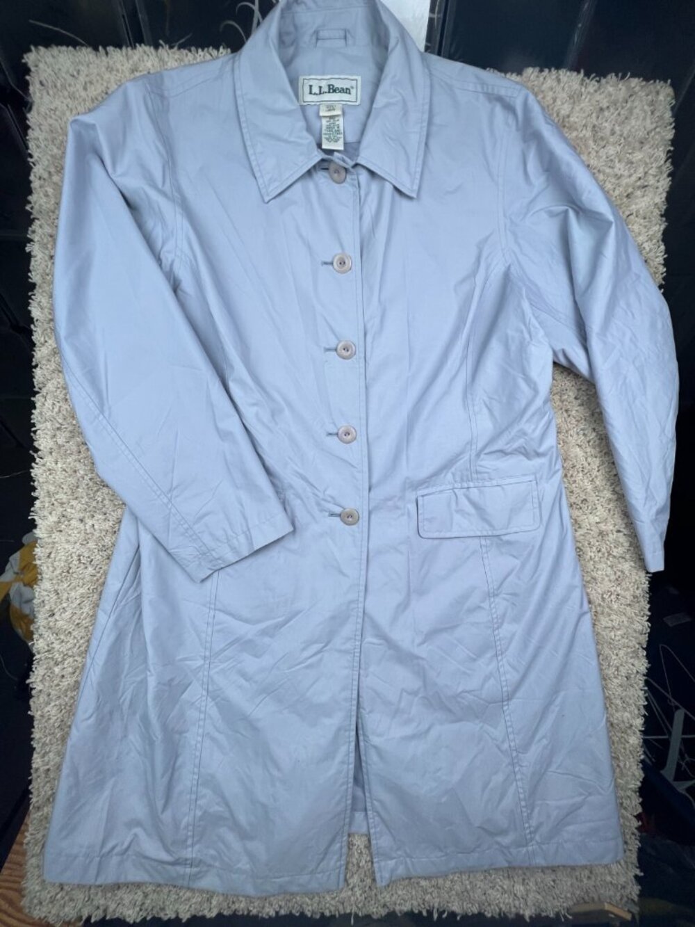 LL Bean Womens Gray Nylon Coat Button Up Long Sleeve Petite Large Long Jacket